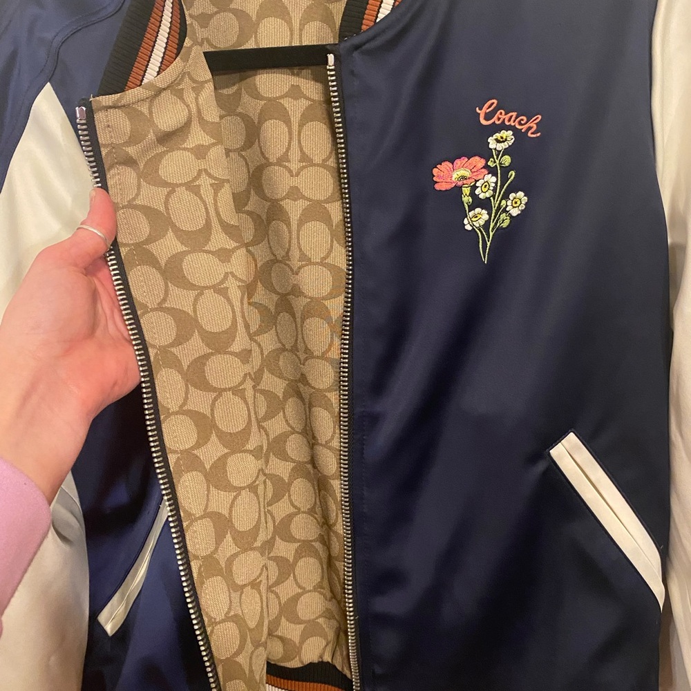 Coach Monogram Reversible Bomber Jacket w/ Embroidered Flowers Size S/M